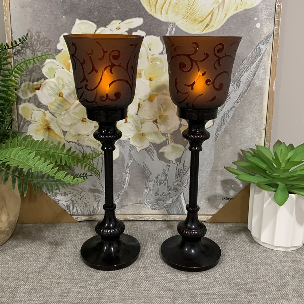 Metal Hurricane, Glass Candleholder with Candles, Set of 2